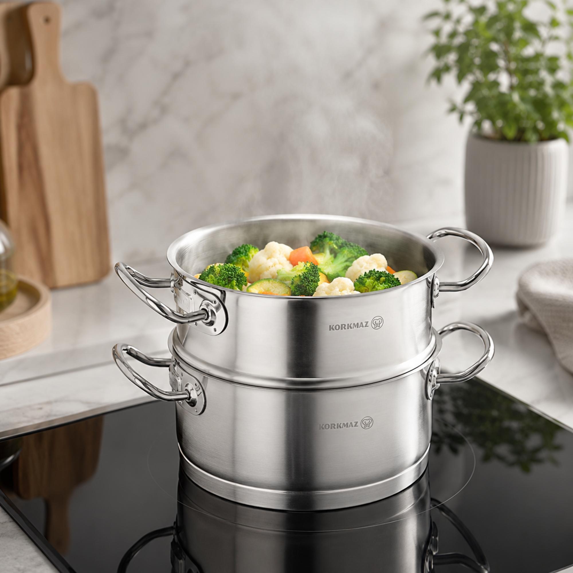 Korkmaz Proline Satin Stainless Steel Steamer Basket Insert - 20x10 cm, Made in Turkey