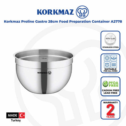 Korkmaz Proline Gastro Stainless Steel Mixing Bowl - Food Preparation Container, Made in Turkey