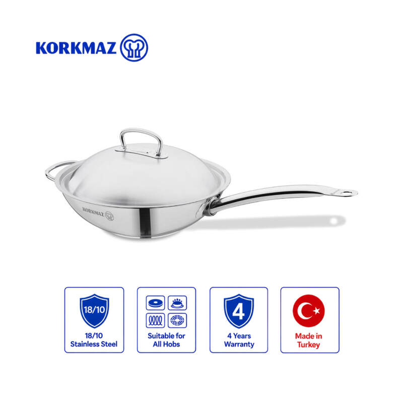 Korkmaz Proline 18/10 Stainless Steel Wok with Lid 32cm 5.2L, Induction Compatible