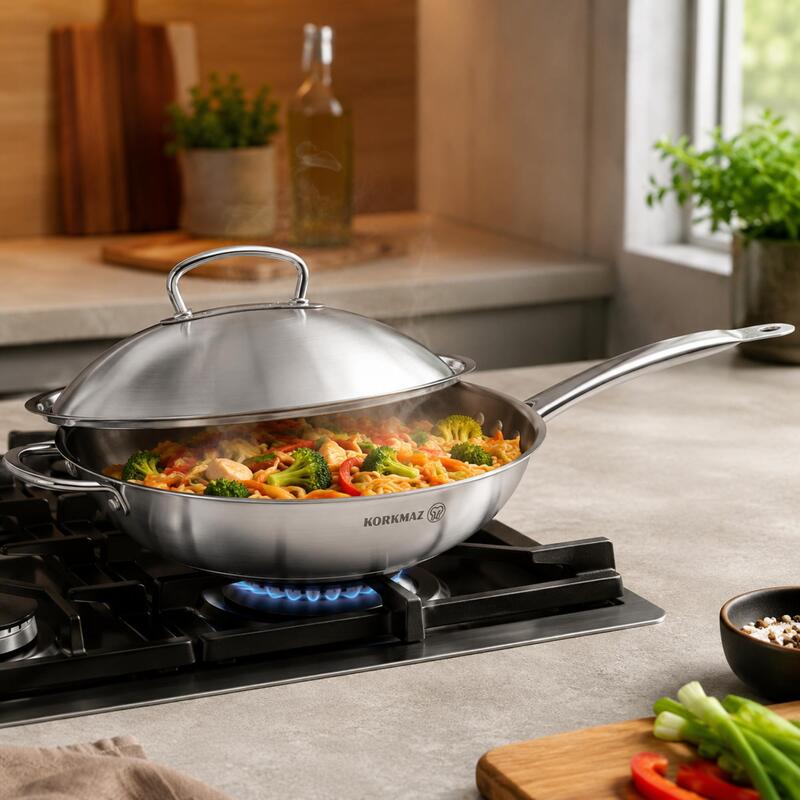 Korkmaz Proline 18/10 Stainless Steel Wok with Lid 32cm 5.2L, Induction Compatible