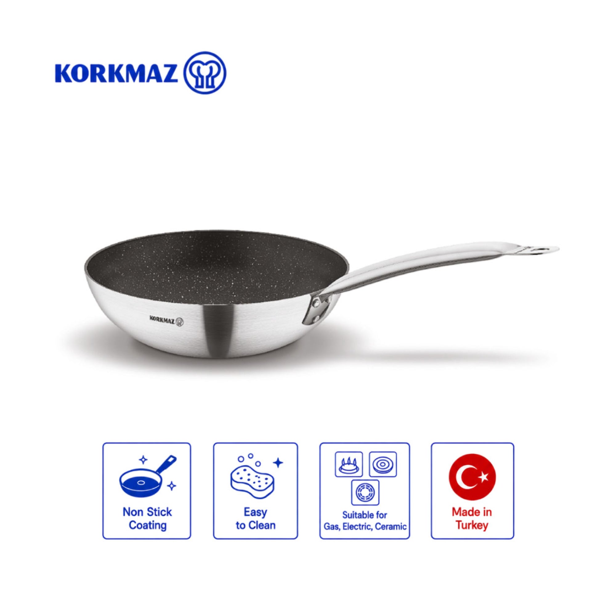 Korkmaz Proline Gastro Non-Stick Wok - Gas Stove Compatible, Made in Turkey