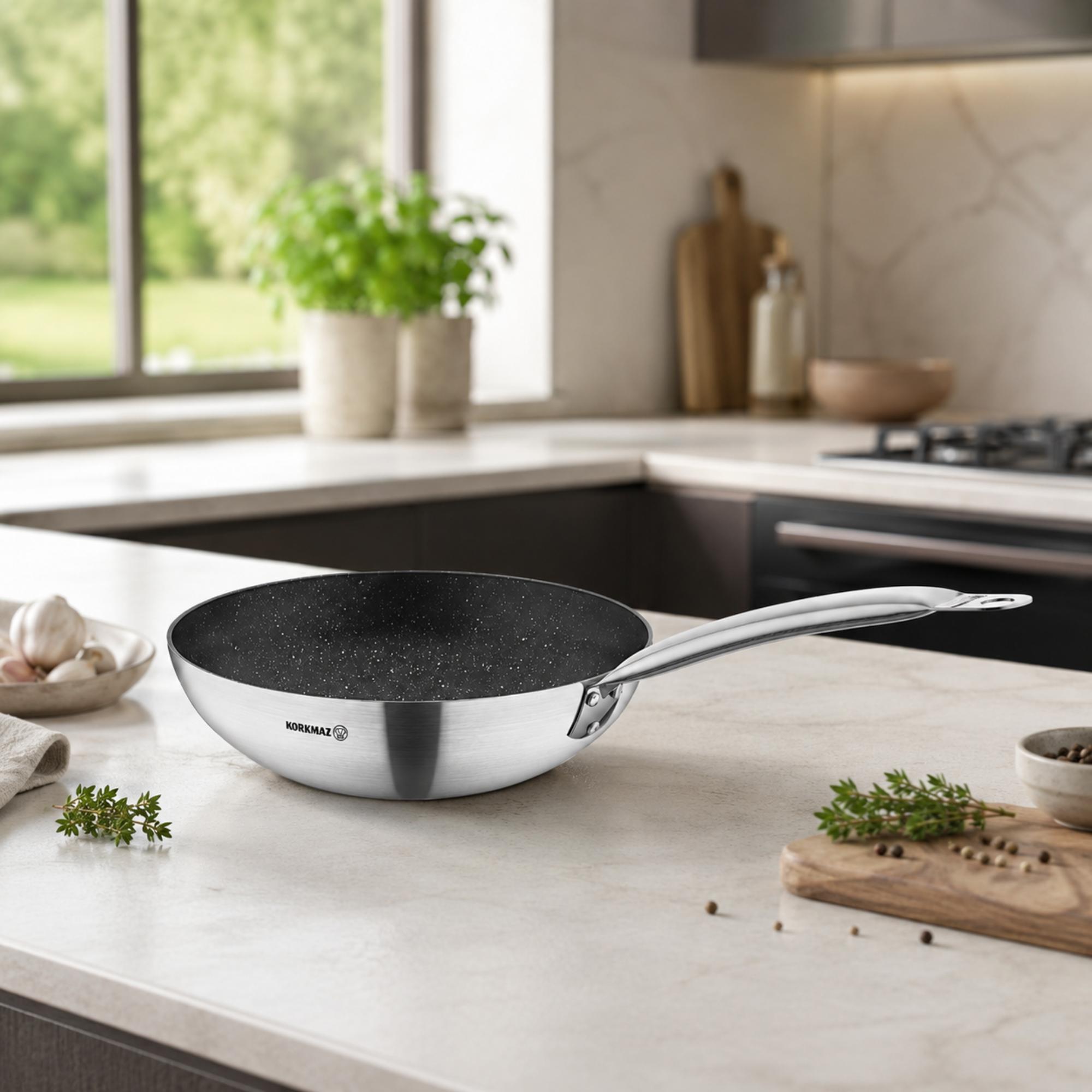 Korkmaz Proline Gastro Non-Stick Wok - Gas Stove Compatible, Made in Turkey