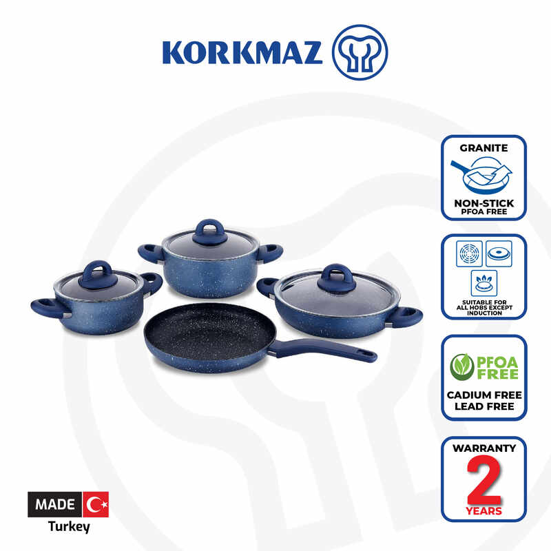 Korkmaz Bella Granite Azura 7-Piece Non-Stick Cookware Set - Gas Stove Compatible, Stock Pot Set with Frying Pan, Made in Turkey