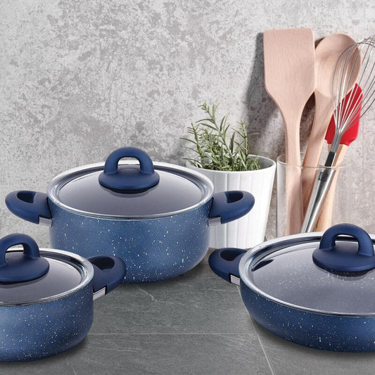 Korkmaz Bella Granite Azura 7-Piece Non-Stick Cookware Set - Gas Stove Compatible, Stock Pot Set with Frying Pan, Made in Turkey