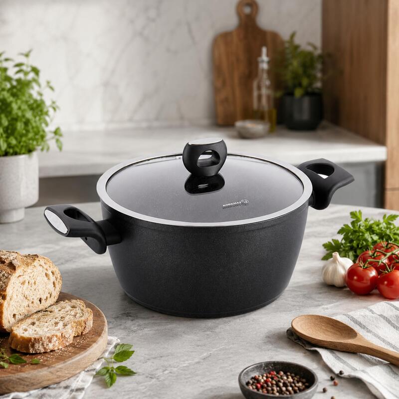 Korkmaz Nora Granite Non-Stick Stock Pot with Glass Lid 24cm, Gas Electric Ceramic Hob