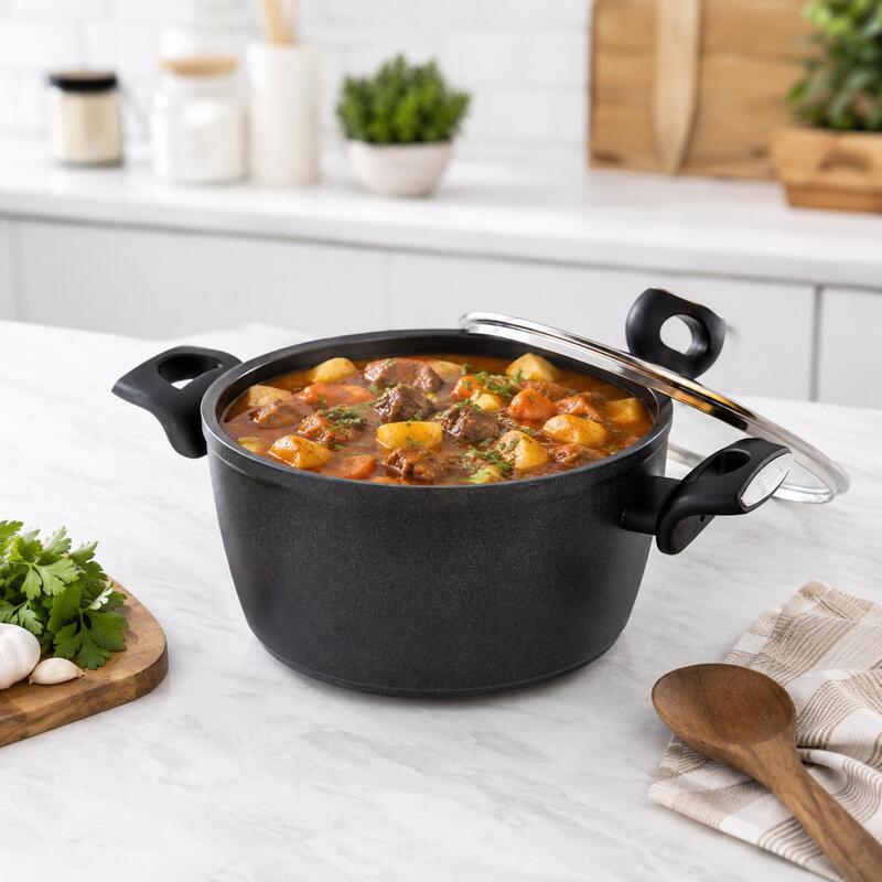 Korkmaz Nora Granite Non-Stick Stock Pot with Glass Lid 24cm, Gas Electric Ceramic Hob