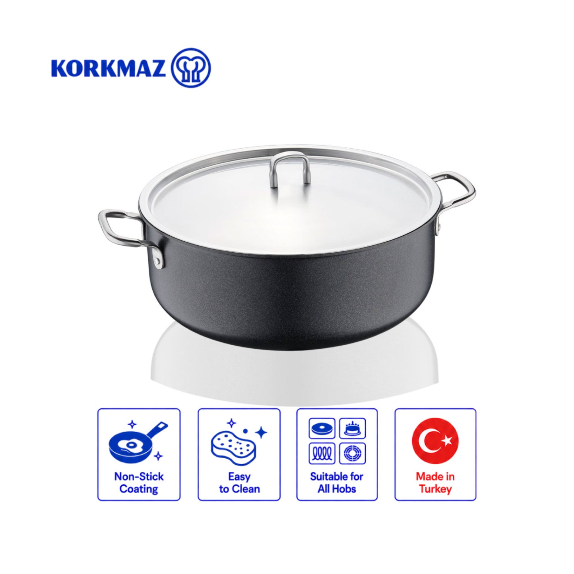 Korkmaz Doria Non Stick Stock Pot with Stainless Steel Lid , PFOA Free, Induction Compatible, Made In Turkey