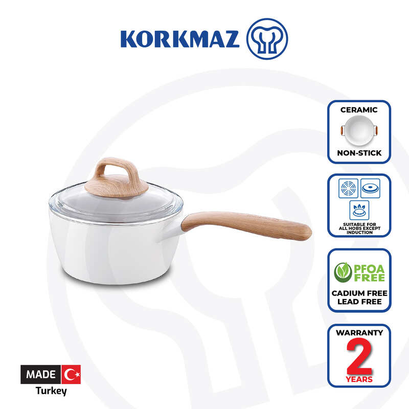 Korkmaz Gusto Non Stick Ceramic Saucepan with Glass Lid - 18x9cm, Gas Stove Compatible, Made In Turkey
