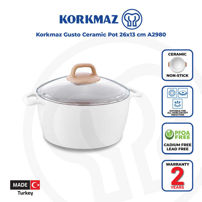 Korkmaz Gusto Non Stick Ceramic Stock Pot with Glass Lid - Gas Stove Compatible, Made In Turkey