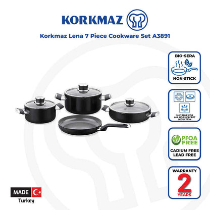 Korkmaz Lena 7-Piece Non Stick Ceramic Cookware Set with Glass Lid - Gas Stove Compatible, PFOA Free, Made In Turkey