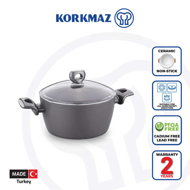 Korkmaz Nora Non Stick Ceramic Pot with Glass Lid - 24x11.7cm