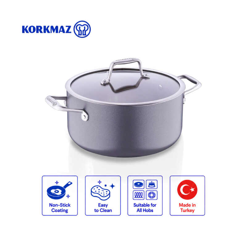 Korkmaz Boena Ceramic Non-Stick Casserole Pot with Glass Lid – 24 x 12.5 cm