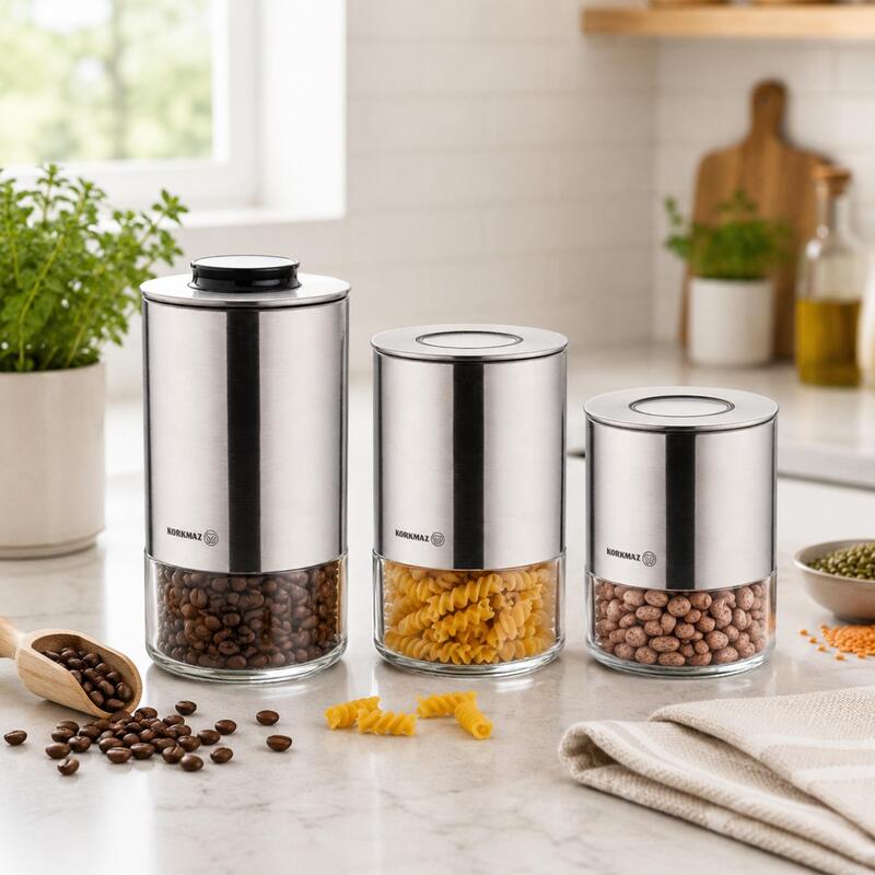 Korkmaz Stora Plus 3-Piece Glass Dry Food Storage Canister Set with Vacuum Lids