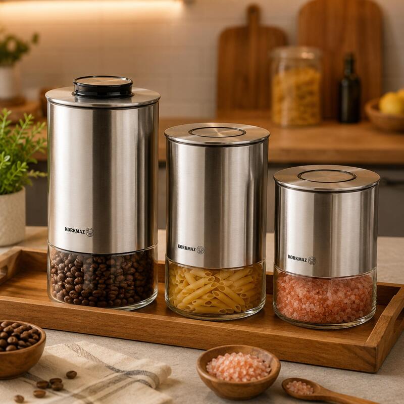 Korkmaz Stora Plus 3-Piece Glass Dry Food Storage Canister Set with Vacuum Lids