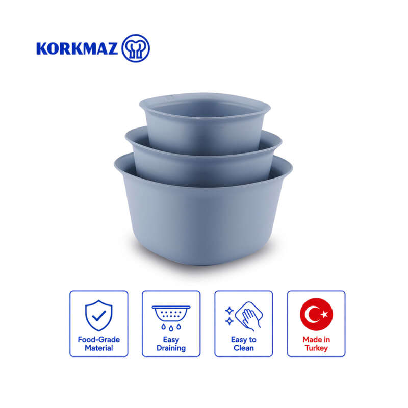 Korkmaz Essentials Grey 3-Piece Mixing Bowl Set with Colander Strainer