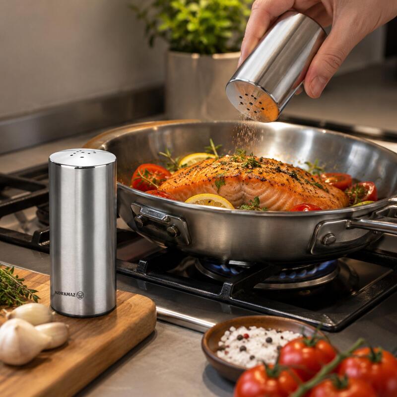 Korkmaz Duo Satin Stainless Steel Salt and Pepper Shaker Set, 2-Piece