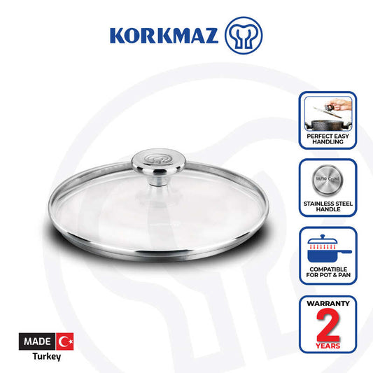 Korkmaz Aroma Glass Lid with Stainless Steel Handle -  Frying Pan Lid