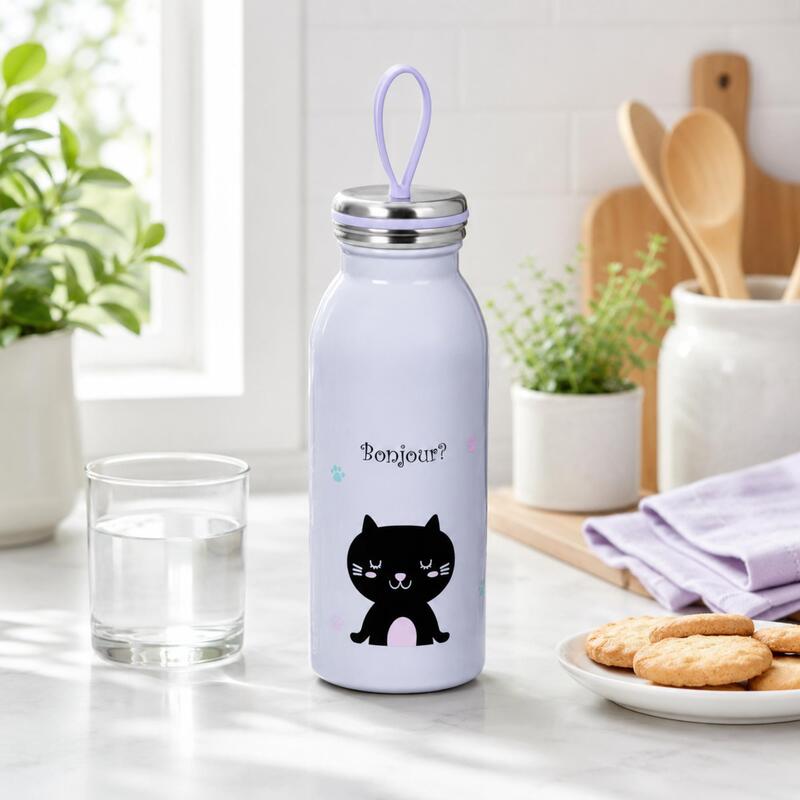 Korkmaz Bambino Stainless Steel Kids Thermos Bottle, Cat Design, 450ml