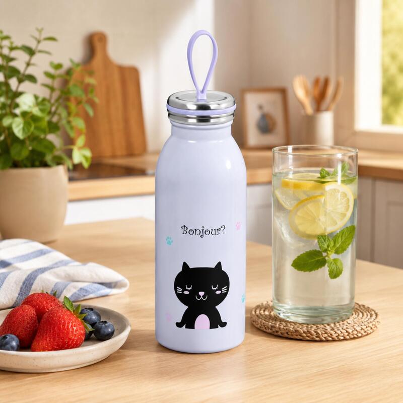 Korkmaz Bambino Stainless Steel Kids Thermos Bottle, Cat Design, 450ml