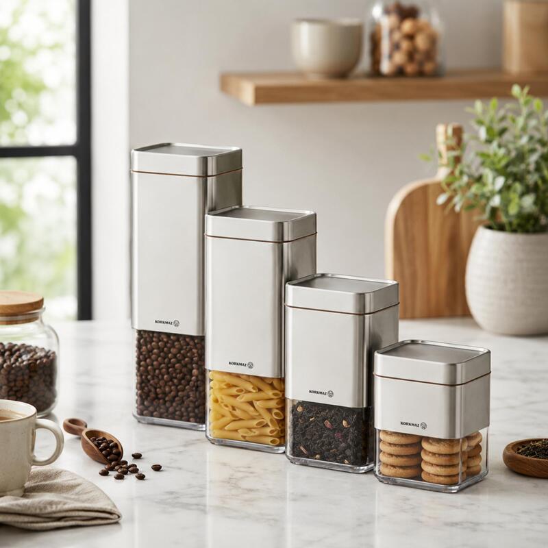 Korkmaz Stora 4-Piece Glass Food Storage Canister Set with Vacuum Lids