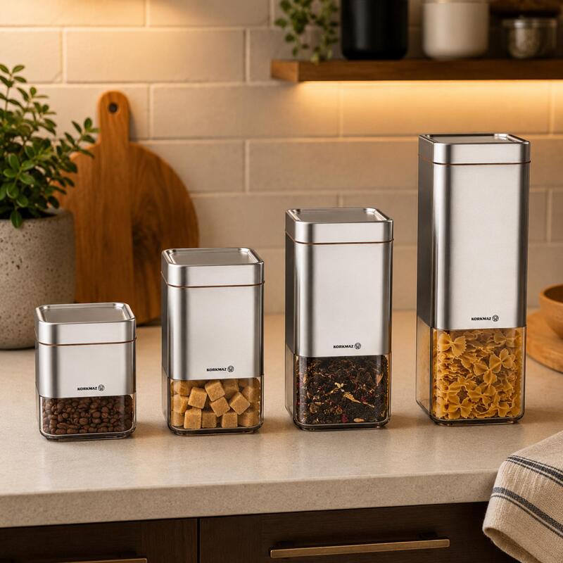 Korkmaz Stora 4-Piece Glass Food Storage Canister Set with Vacuum Lids