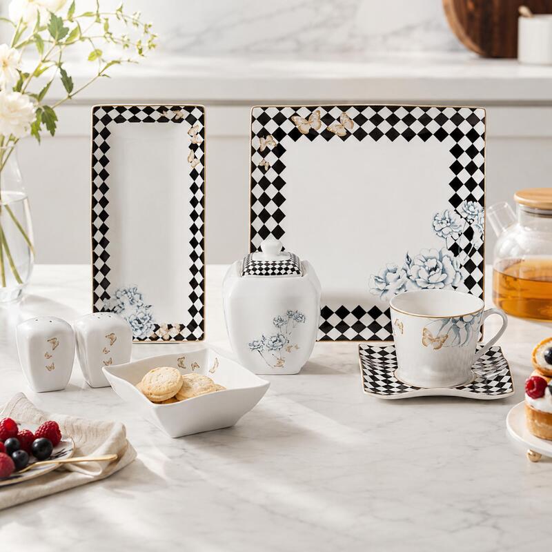 Korkmaz 28-Piece Square Breakfast and Tea Set with Floral Checker Design for 6 People