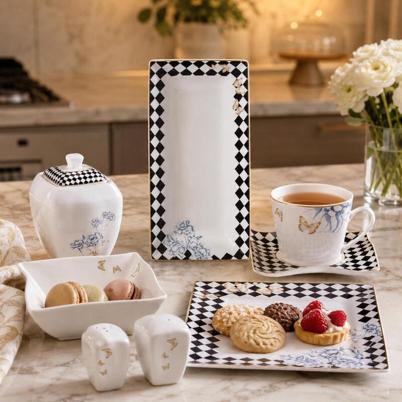 Korkmaz 28-Piece Square Breakfast and Tea Set with Floral Checker Design for 6 People