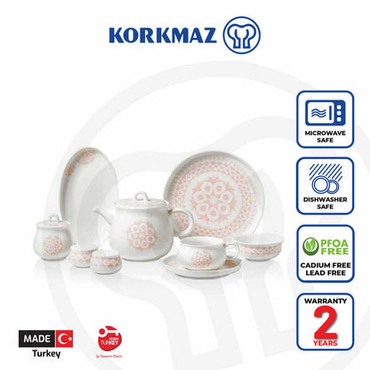 Korkmaz Kappa Collection Breakfast Set - 30 Pieces, Cups and Saucers Sets, Breakfast Plates, Teapot, Made in Turkey