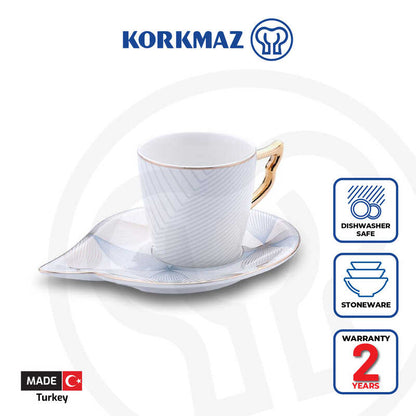 Korkmaz Eva Coffee Espresso Cups with Saucers Set - For Latte Macchiato, Set of 2, Made in Turkey