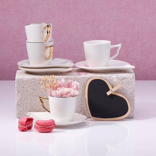 Korkmaz Eva Coffee Espresso Cups with Saucers Set - For Latte Macchiato, Set of 2, Made in Turkey