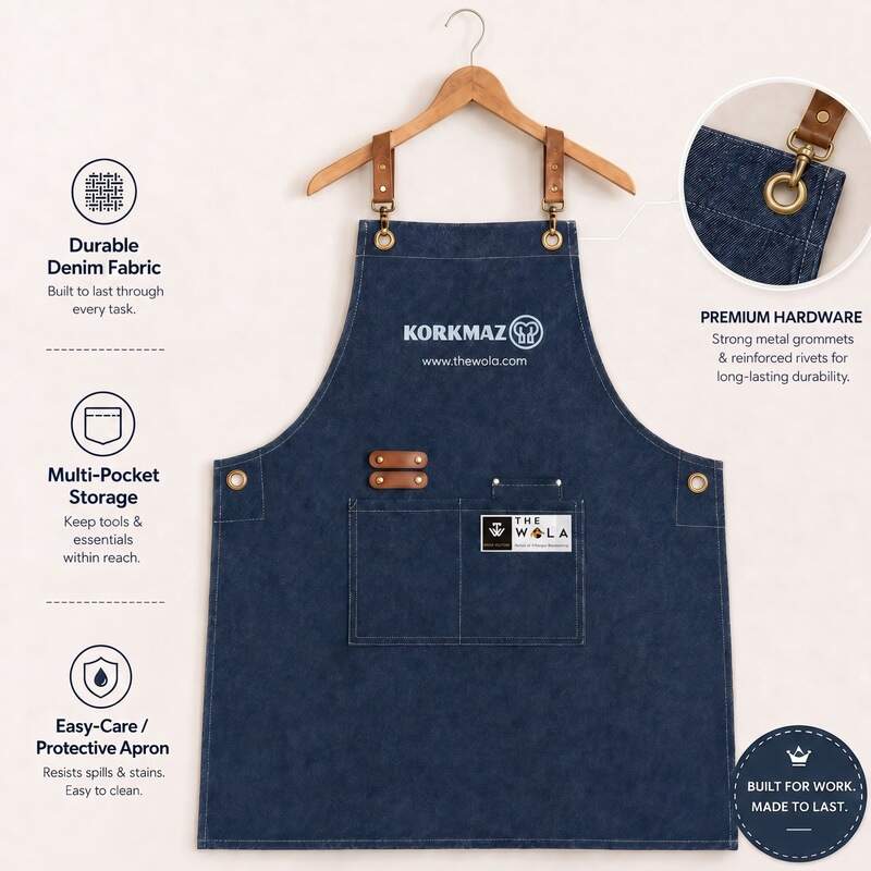 Korkmaz Unisex Kitchen Apron Blue Denim with Leather Nylon Strap
