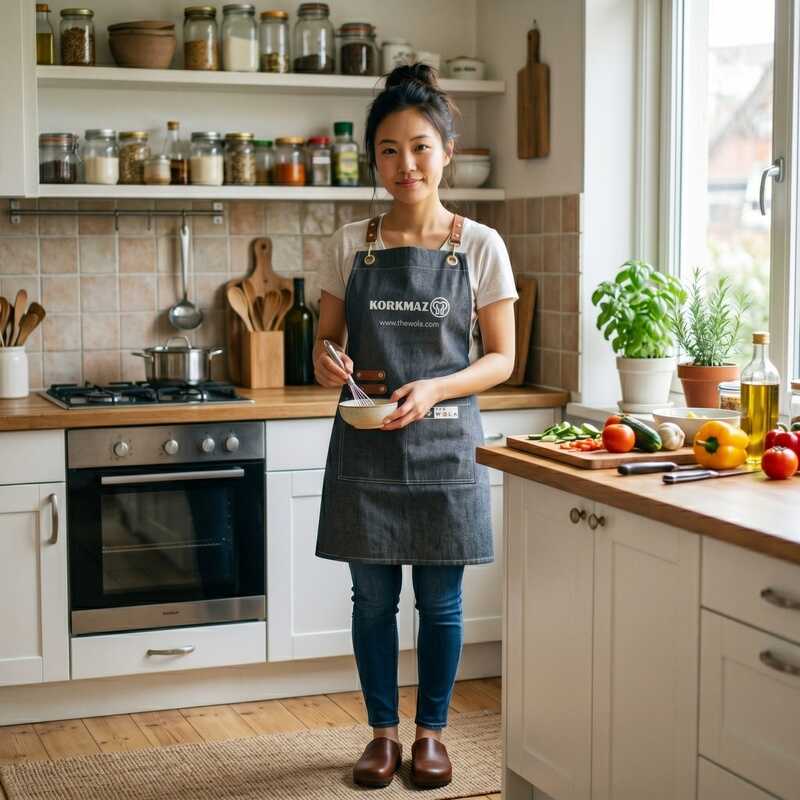 Korkmaz Unisex Kitchen Apron Blue Denim with Leather Nylon Strap
