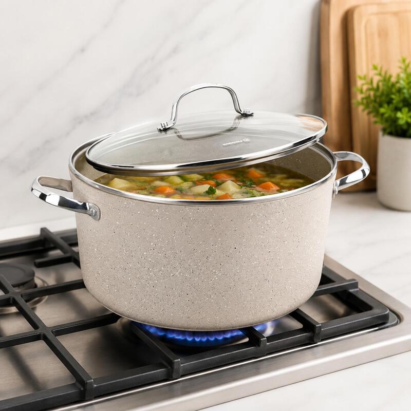 Korkmaz Granita Non-Stick Stock Pot with Glass Lid, Induction Compatible