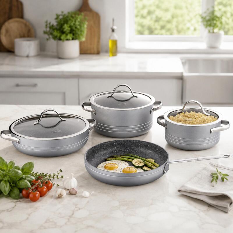 Korkmaz Linea 7-Piece Non-Stick Pots & Pans Cookware Set with Glass Lids