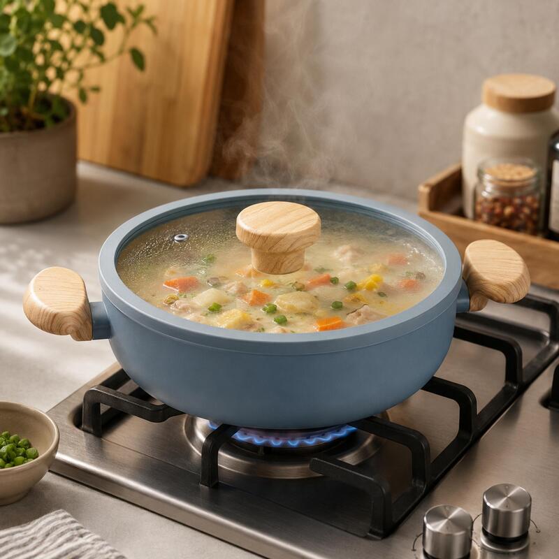 Korkmaz Mia Ceramic Non-Stick Shallow Casserole Pot with Glass Lid, Induction Compatible