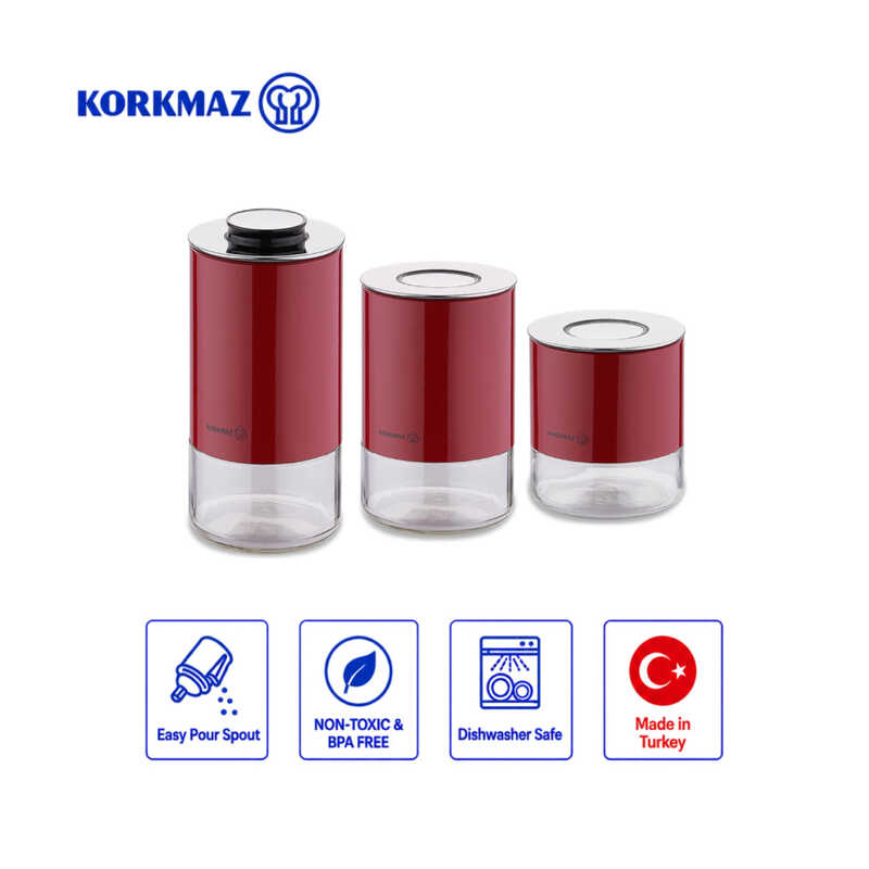 Korkmaz Stora Plus 3-Piece Dry Food Storage Canister Set with One-Touch Vacuum Lids