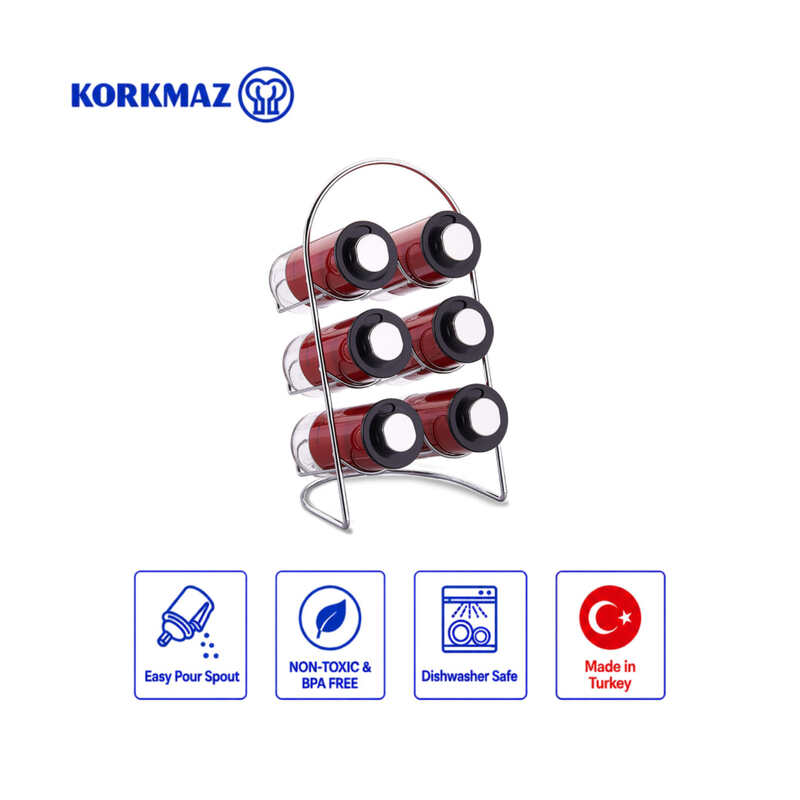 Korkmaz Stora Plus Spice Rack Set with 6 Glass Spice Jars and 3-Setting Lids