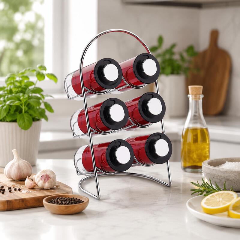 Korkmaz Stora Plus Spice Rack Set with 6 Glass Spice Jars and 3-Setting Lids