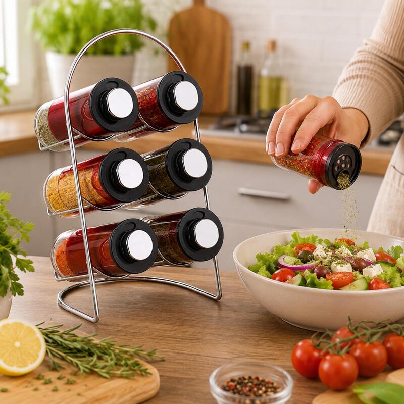Korkmaz Stora Plus Spice Rack Set with 6 Glass Spice Jars and 3-Setting Lids