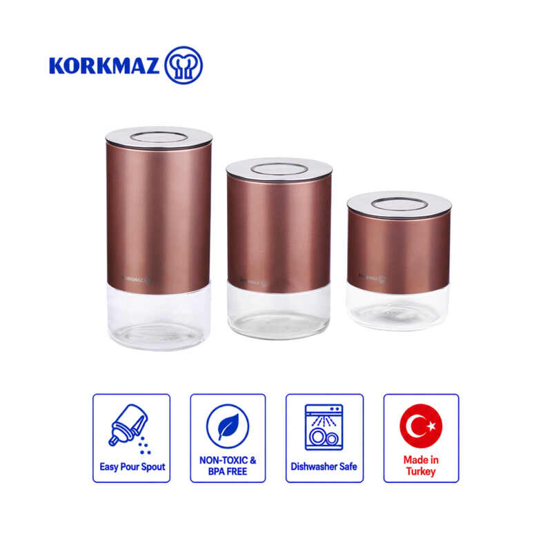 Korkmaz Stora Plus 3-Piece Dry Food Storage Canister Set with One-Touch Vacuum Lids