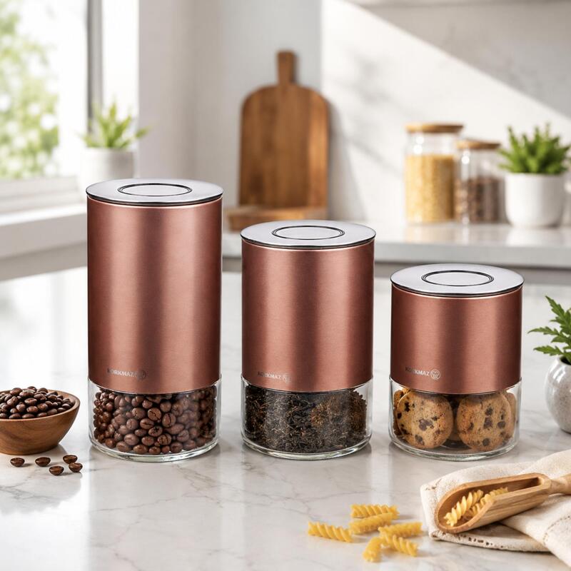 Korkmaz Stora Plus 3-Piece Dry Food Storage Canister Set with One-Touch Vacuum Lids