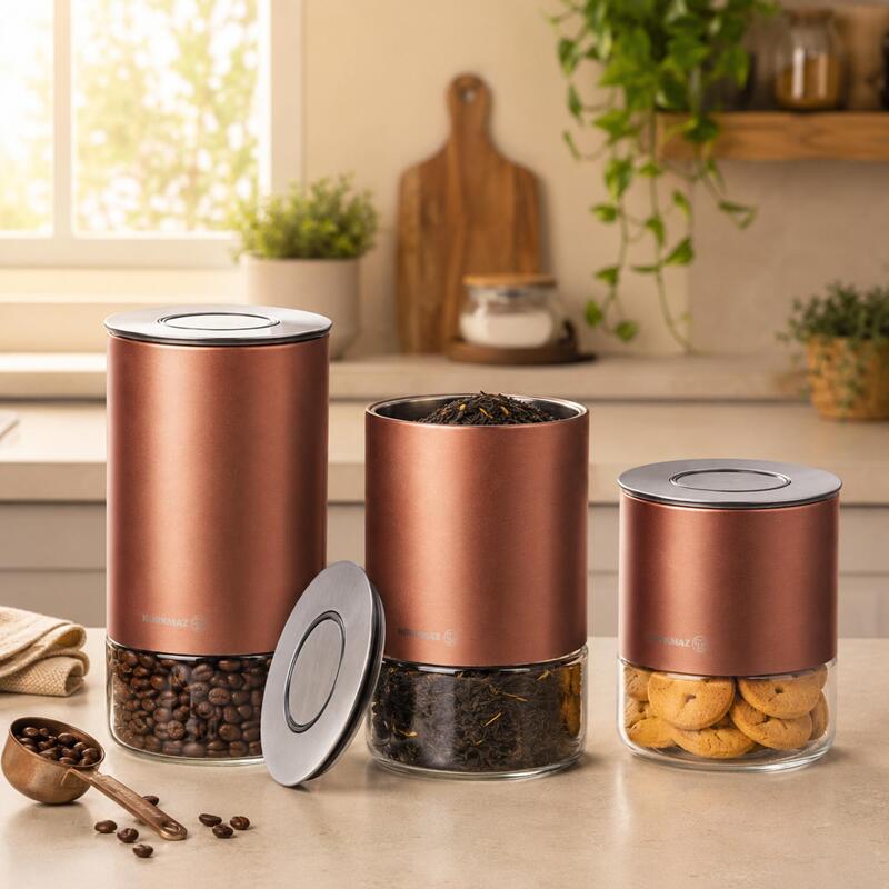 Korkmaz Stora Plus 3-Piece Dry Food Storage Canister Set with One-Touch Vacuum Lids