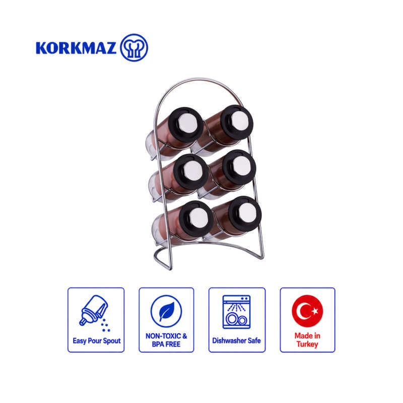 Korkmaz Stora Plus Spice Rack Set with 6 Glass Spice Jars and 3-Setting Lids