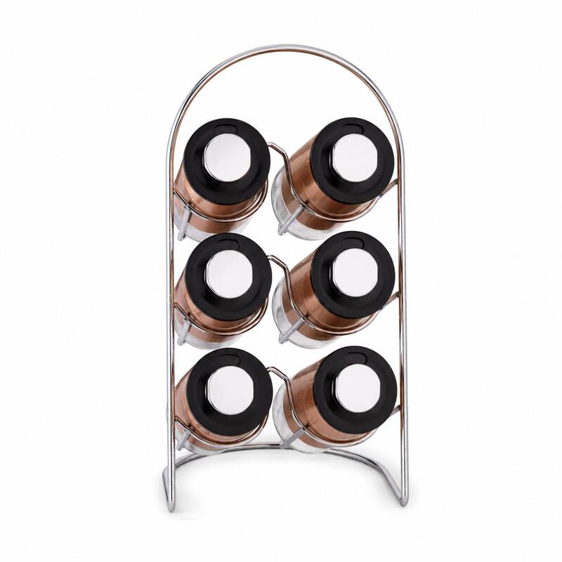 Korkmaz Stora Plus Spice Rack Set with 6 Glass Spice Jars and 3-Setting Lids