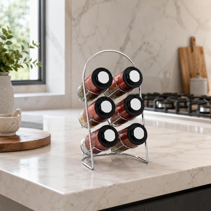 Korkmaz Stora Plus Spice Rack Set with 6 Glass Spice Jars and 3-Setting Lids