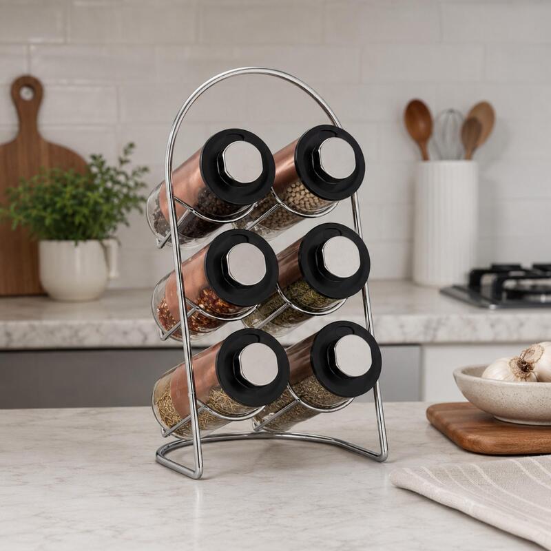 Korkmaz Stora Plus Spice Rack Set with 6 Glass Spice Jars and 3-Setting Lids