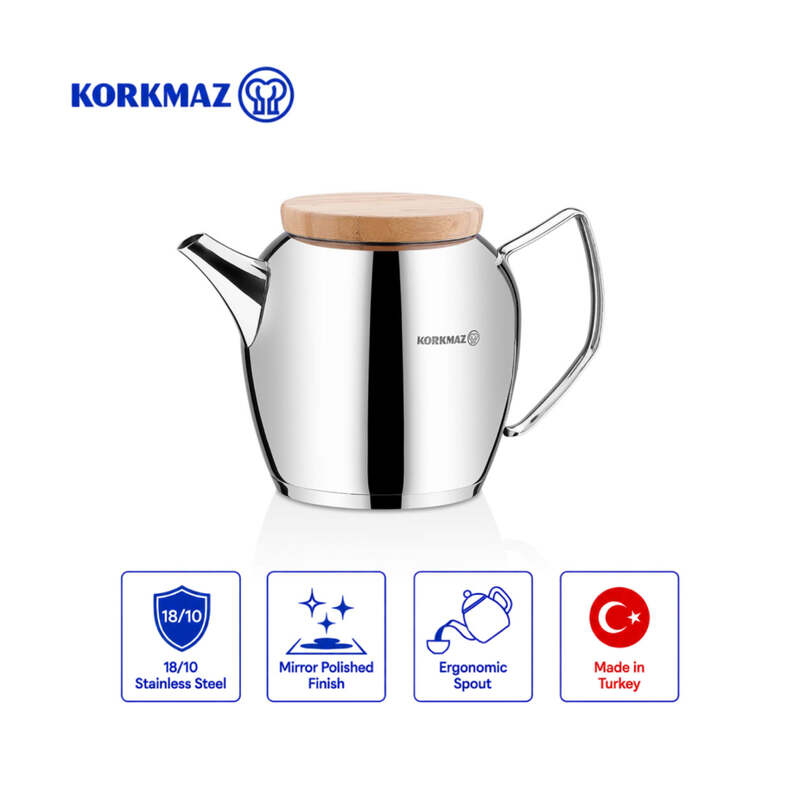 Korkmaz Montana 18/10 Stainless Steel Teapot with Wooden Lid