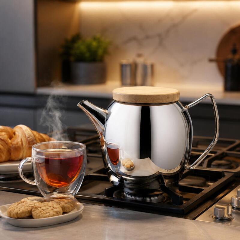 Korkmaz Montana 18/10 Stainless Steel Teapot with Wooden Lid