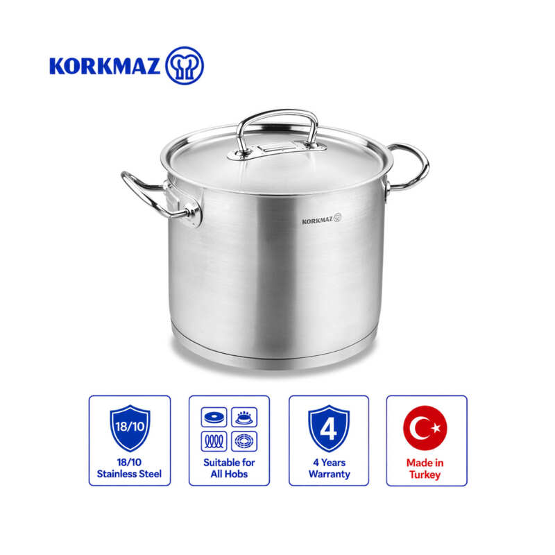 Korkmaz Proline 18/10 Stainless Steel Cooking Pot with Lid, Induction Compatible