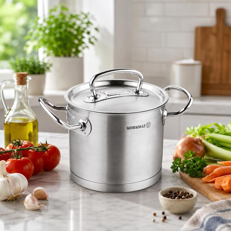 Korkmaz Proline 18/10 Stainless Steel Cooking Pot with Lid, Induction Compatible